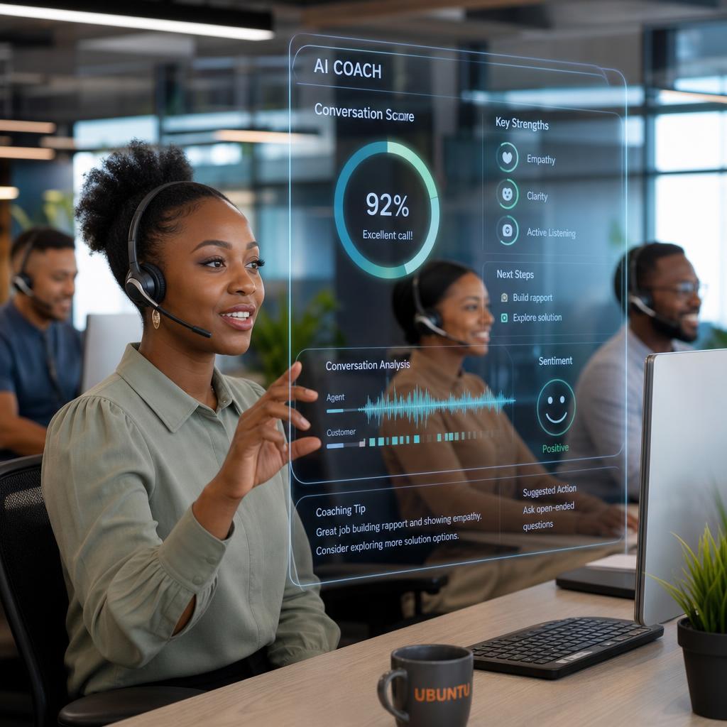 South African contact centre agent with headset engaging with a holographic AI training interface showing real-time coaching