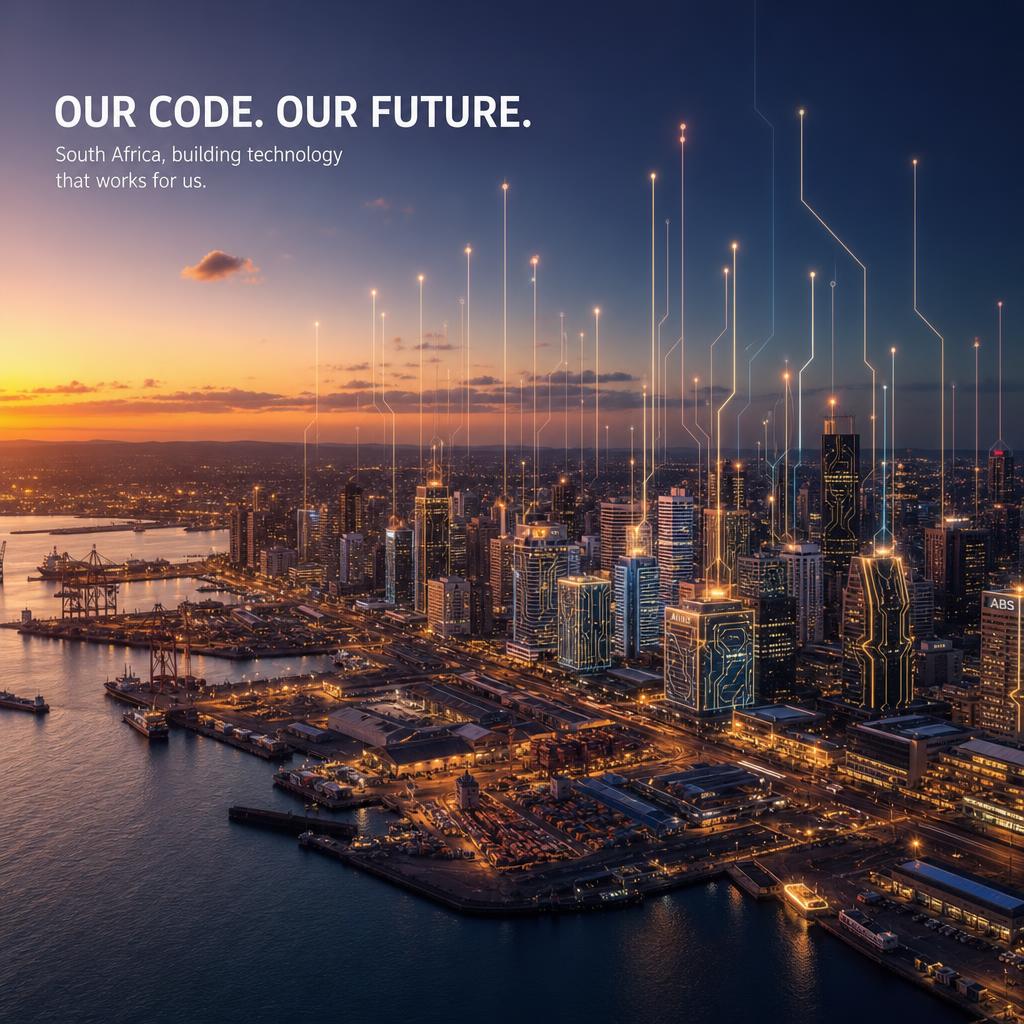 Durban harbour skyline with glowing digital circuit patterns rising from the city — representing South Africa building its own AI technology for contact centres