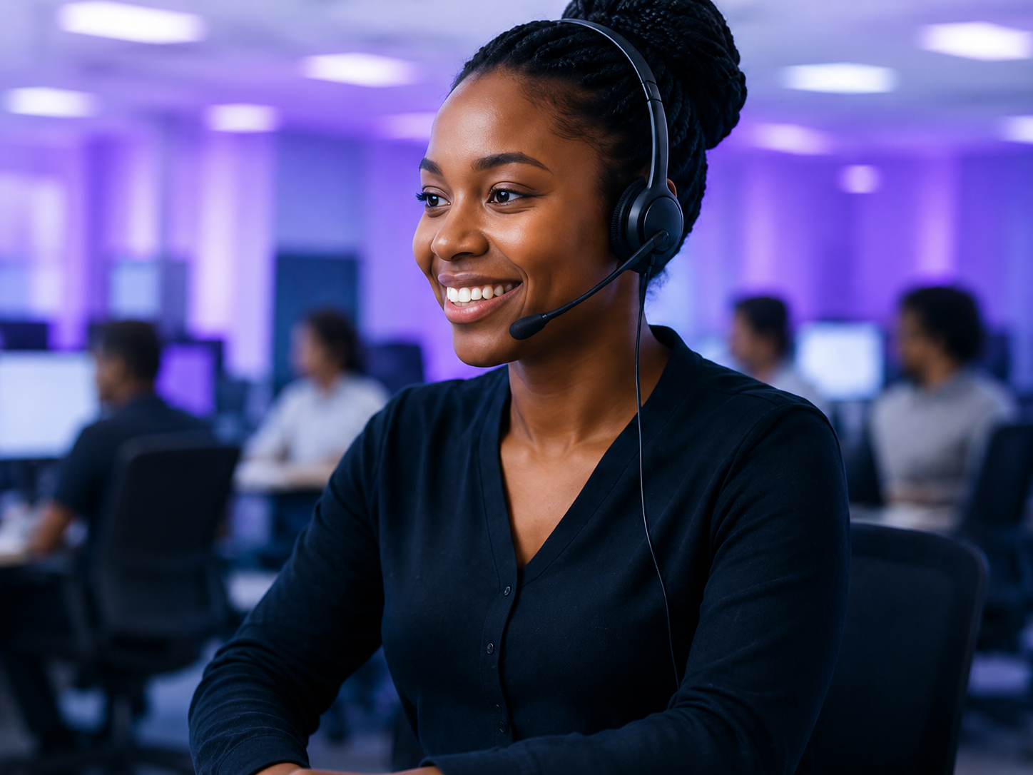 Smiling call centre agent wearing a headset