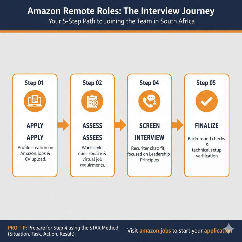 Amazon remote job interview process infographic showing 5 steps for South Africa applicants: Step 1 Apply (profile creation on Amazon.jobs and CV upload), Step 2 Assess (work-style questionnaire and virtual job requirements), Step 3 Screen (recruiter chat), Step 4 Interview (focused on Leadership Principles using STAR method), Step 5 Finalize (background checks and technical setup verification)