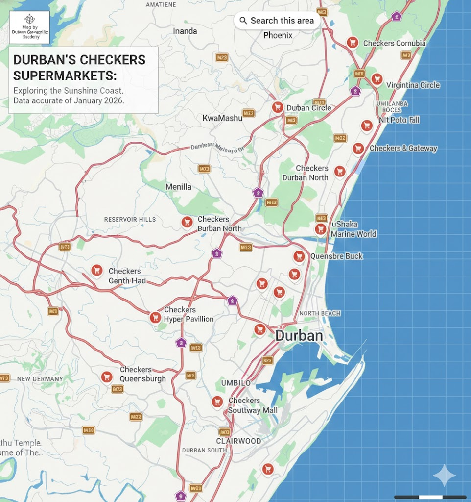 Map showing all Checkers supermarket locations across Durban KZN including Gateway Cornubia Pavilion Hyper Queensburgh Southway Mall Umbilo KwaMashu Phoenix and Durban North stores hiring cashiers and retail staff January 2026