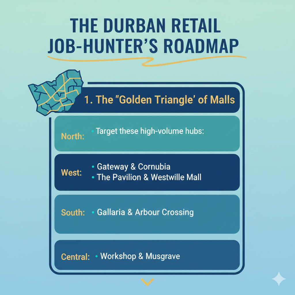 Durban retail job-hunter roadmap infographic showing the Golden Triangle of Malls for sales assistant jobs: Gateway and Cornubia in North, Pavilion and Westville Mall in West, Galleria and Arbour Crossing in South, Workshop and Musgrave in Central Durban KZN 2026