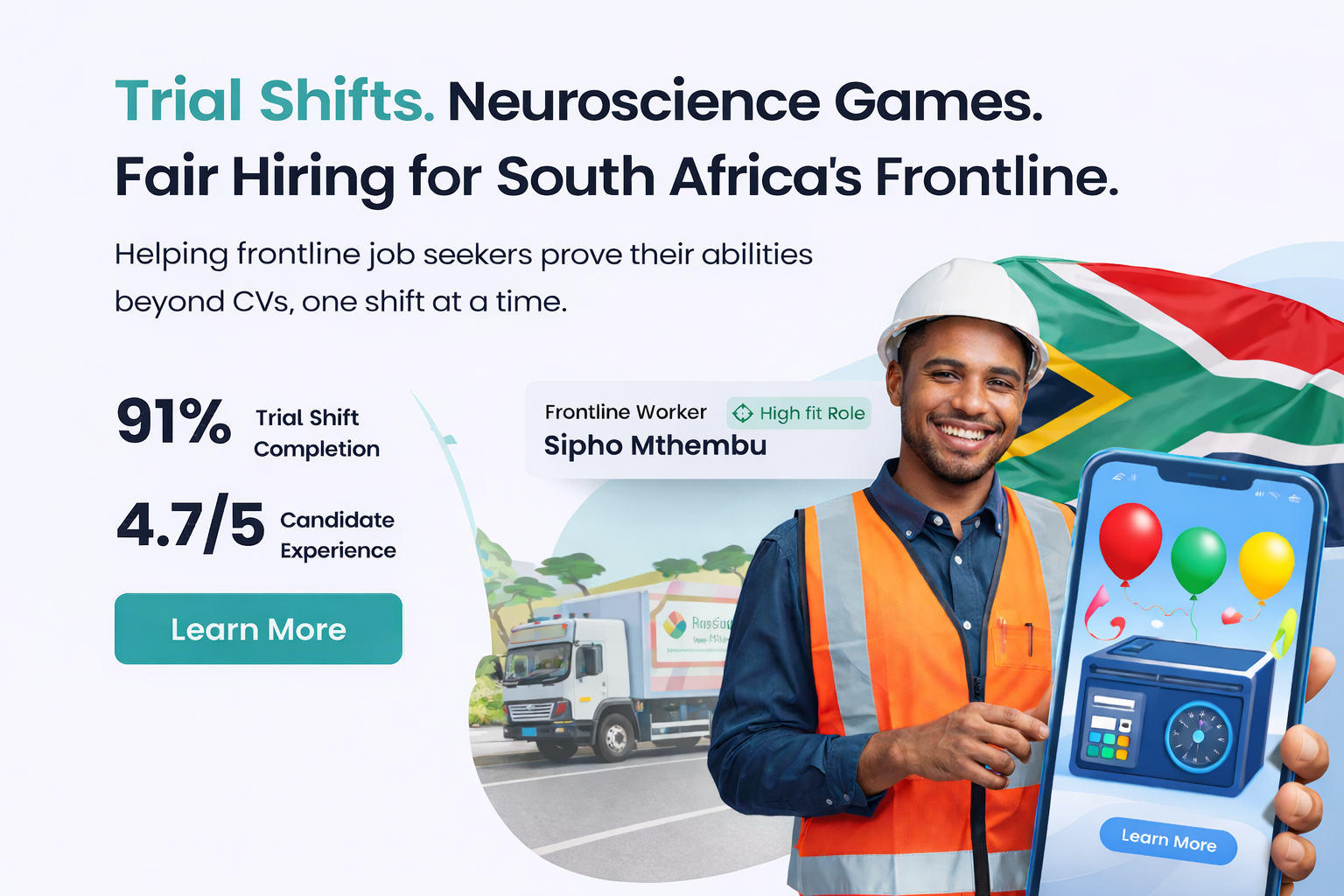 ShiftMate infographic showing trial shifts and neuroscience games for fair frontline hiring in South Africa — featuring a frontline worker with high role fit matched through AI-powered behavioural assessments
