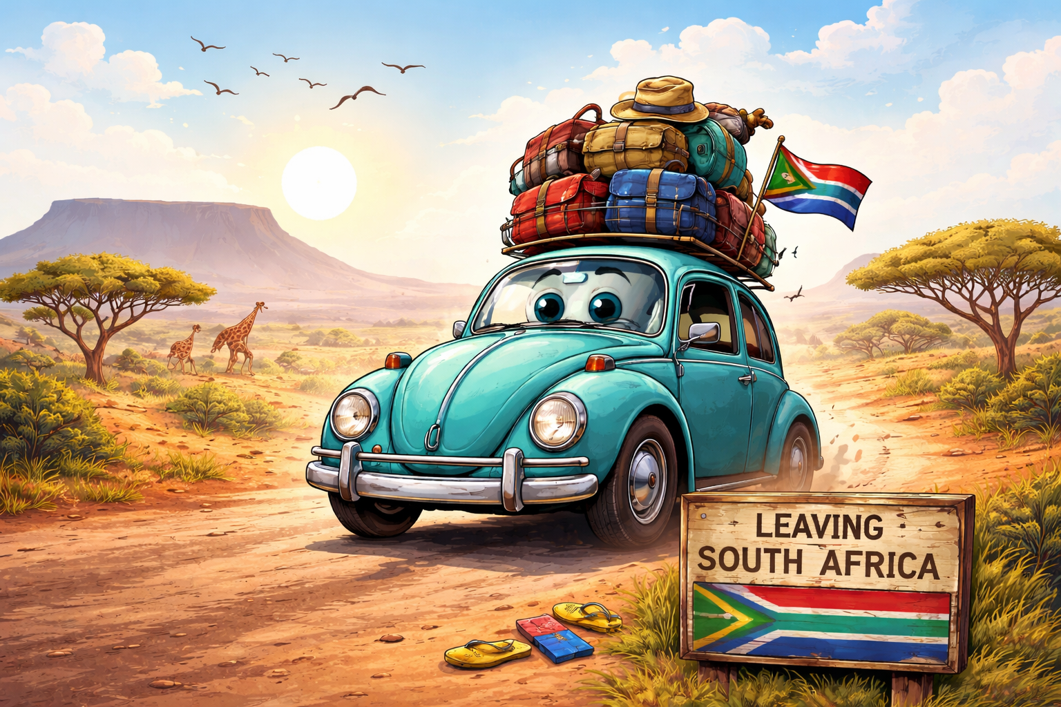 Cartoon illustration of a Volkswagen Beetle packed with luggage driving past a Leaving South Africa sign, symbolising the potential exit of VW from the South African automotive industry