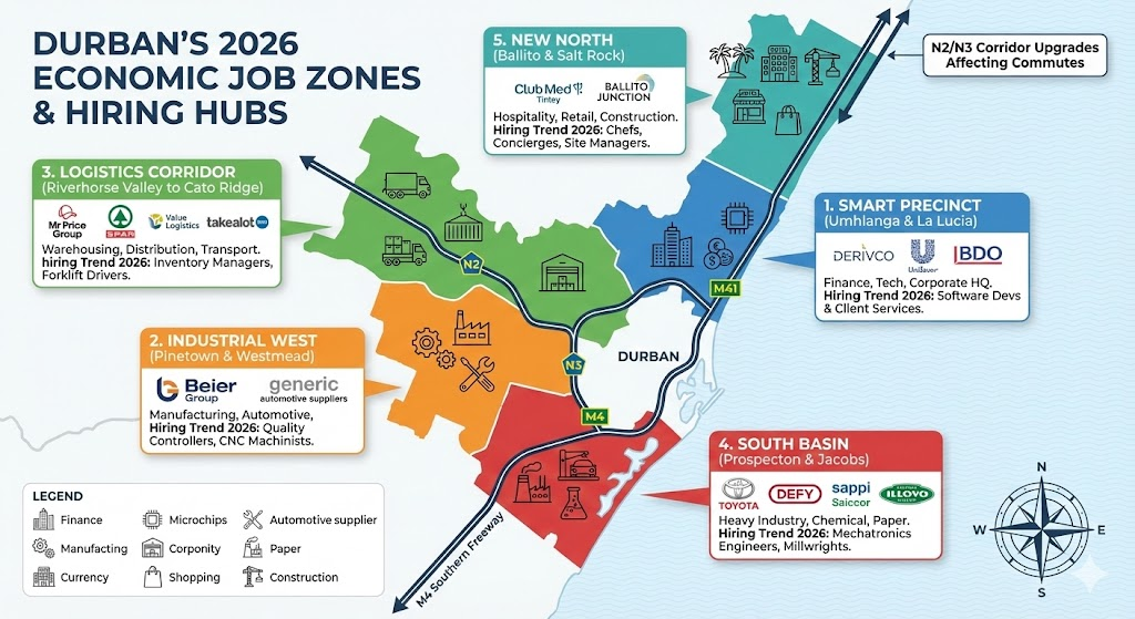 Infographic map of Durban's 5 key economic job zones in 2026, showing hiring hubs in Umhlanga (Tech/Finance), Pinetown (Manufacturing), Cato Ridge (Logistics), Prospecton (Heavy Industry), and Ballito (Hospitality), with top employers like Toyota and Unilever.