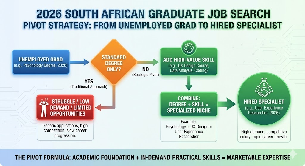 Flowchart detailing the South African graduate job search pivot strategy for 2026. Shows how combining a standard degree (e.g., Psychology) with a high-value skill (e.g., UX Design Course) leads to a highly demanded job role like User Experience Researcher.