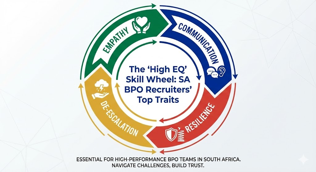 Infographic titled 'The High EQ Skill Wheel' detailing the top traits BPO recruiters in South Africa look for: Empathy, Communication, De-escalation, and Resilience.