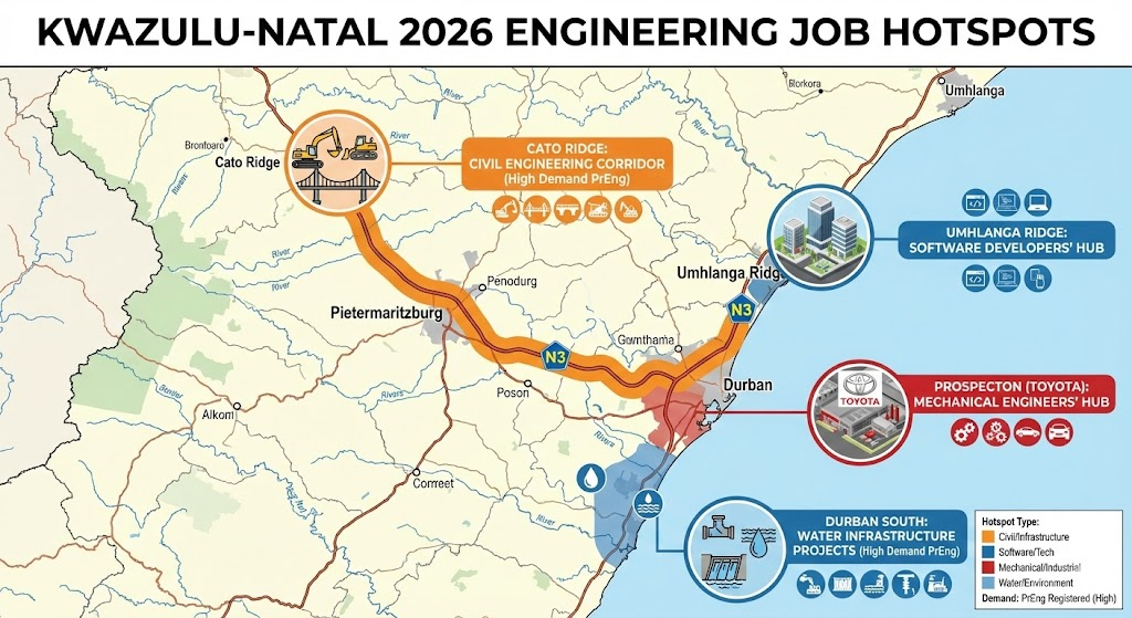 Map of KwaZulu-Natal showing 2026 engineering job hotspots. Highlights include the N3 Corridor (Cato Ridge) for Civil Engineers, Umhlanga Ridge for Software Developers, and Prospecton (Toyota) for Mechanical Engineers. The map indicates high demand for PrEng registered professionals in water infrastructure projects near Durban South.