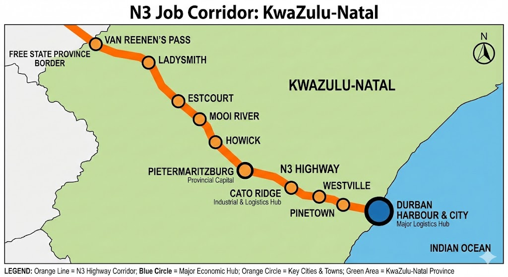 N3 Highway job corridor KZN 2026: Durban Port to Cato Ridge logistics hub and inland distribution centres