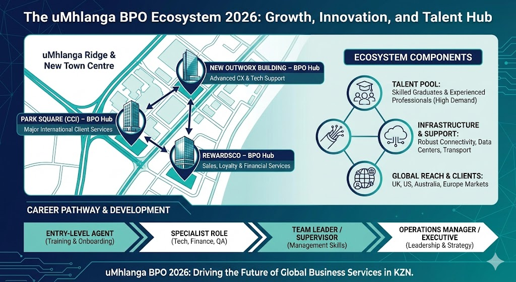Infographic titled 'The uMhlanga BPO Ecosystem 2026' detailing major BPO hubs (CCI, Outworx, Rewardsco) in uMhlanga Ridge, ecosystem components, and the typical career development pathway from entry-level agent to operations executive.