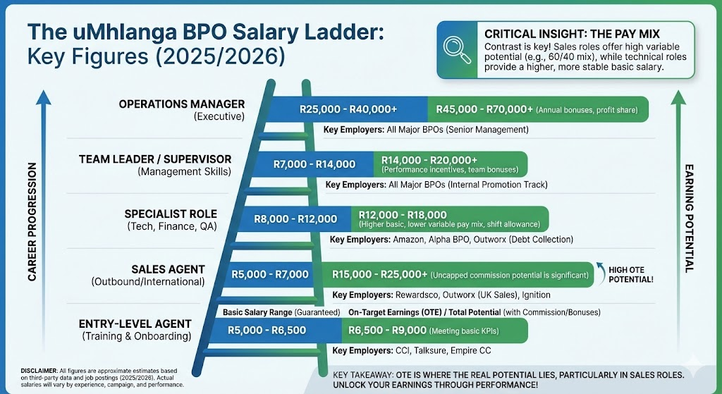 Infographic titled 'The uMhlanga BPO Salary Ladder 2026' showing career progression from Entry-Level Agent (R5k-R6.5k basic) to Operations Manager (R25k-R40k+), with OTE potential reaching R70k+ at executive level across CCI, Rewardsco, Amazon and other key employers.